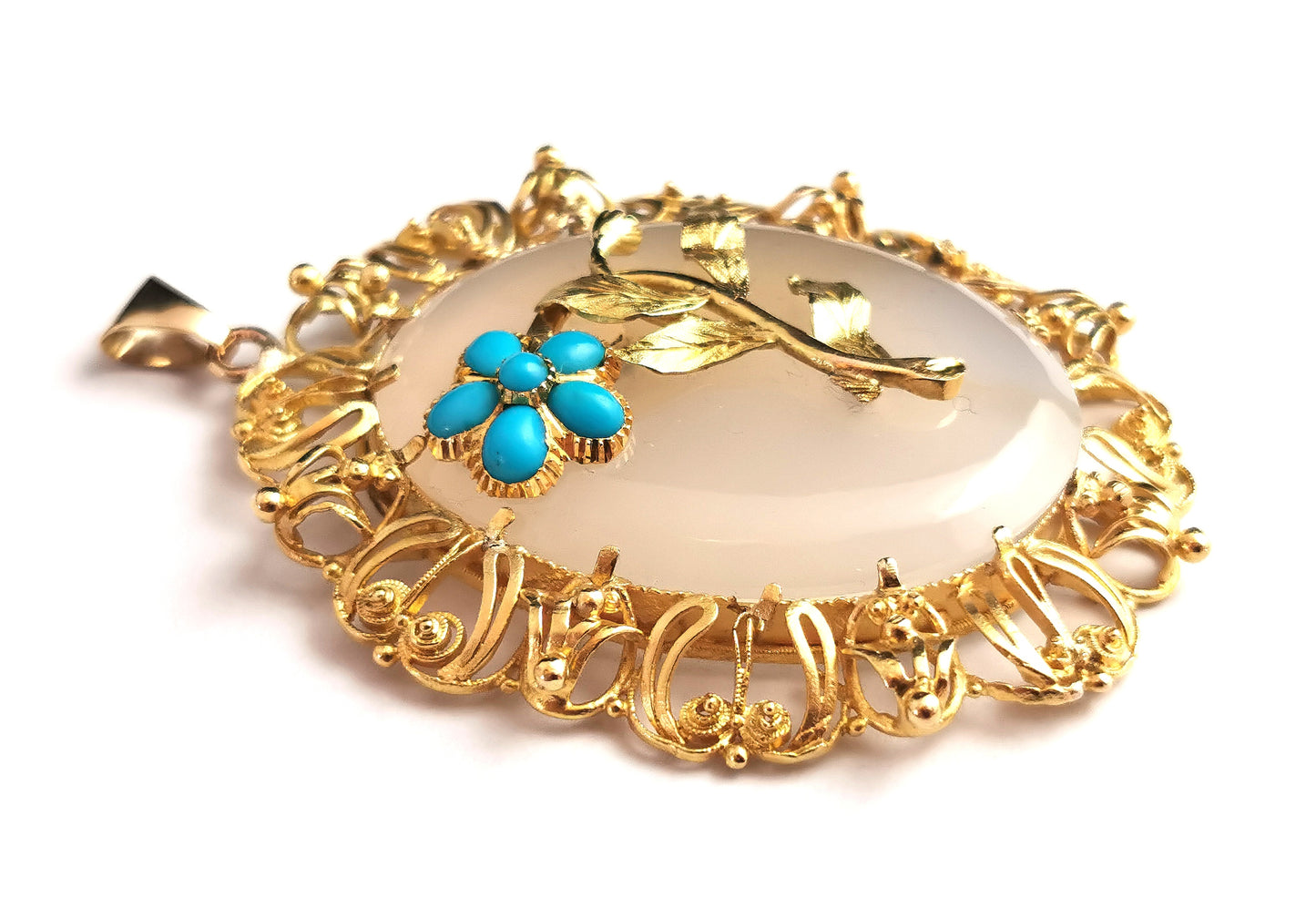 Antique Victorian Chalcedony and Turquoise Flower pendant, 18ct yellow gold