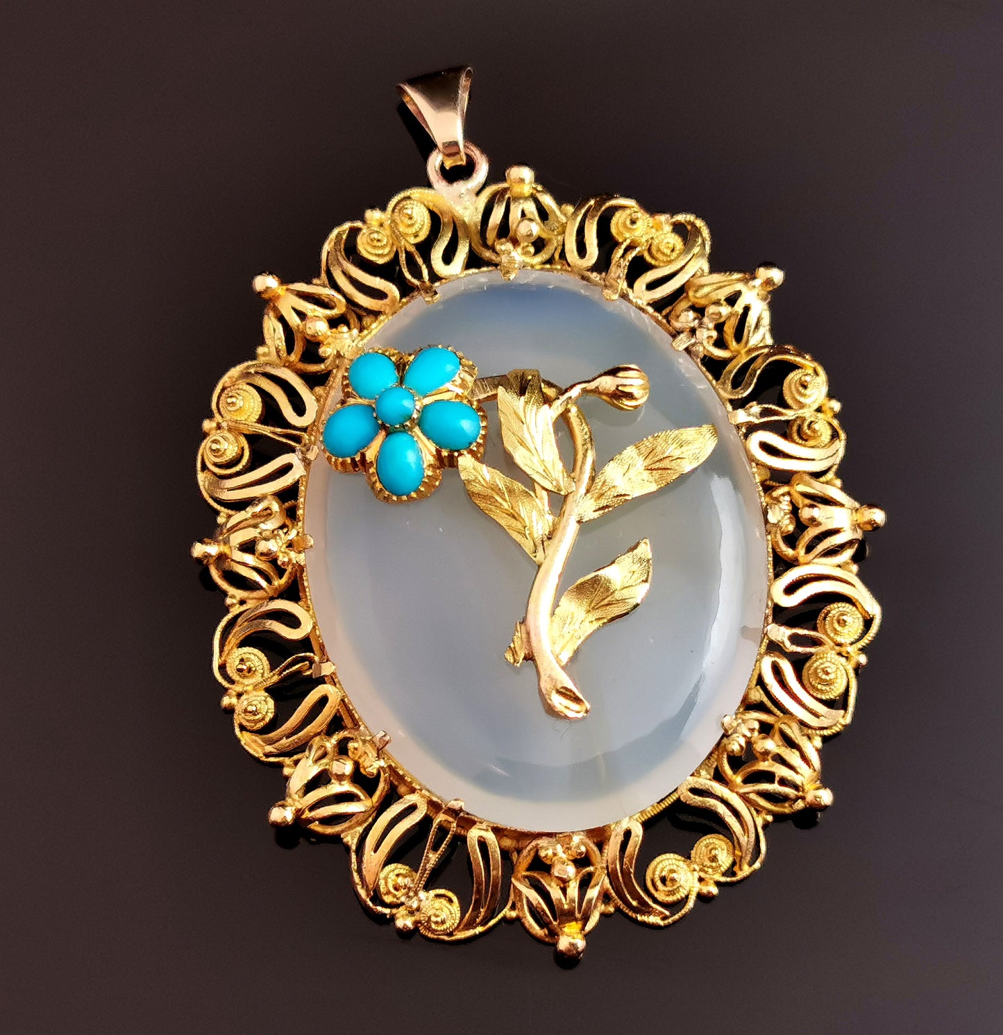 Antique Victorian Chalcedony and Turquoise Flower pendant, 18ct yellow gold