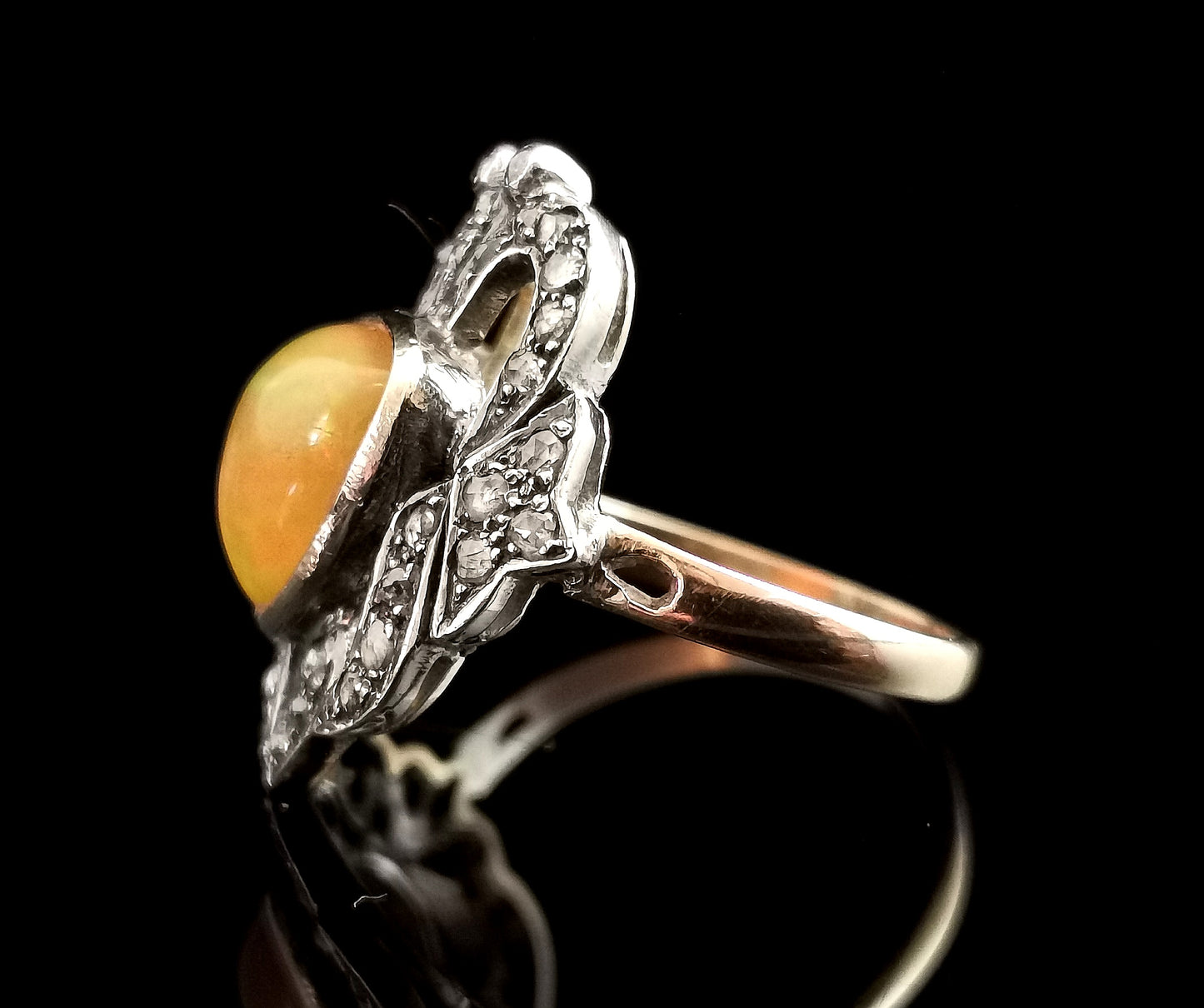 Antique Opal and diamond ring, 9ct gold and silver, Art Nouveau