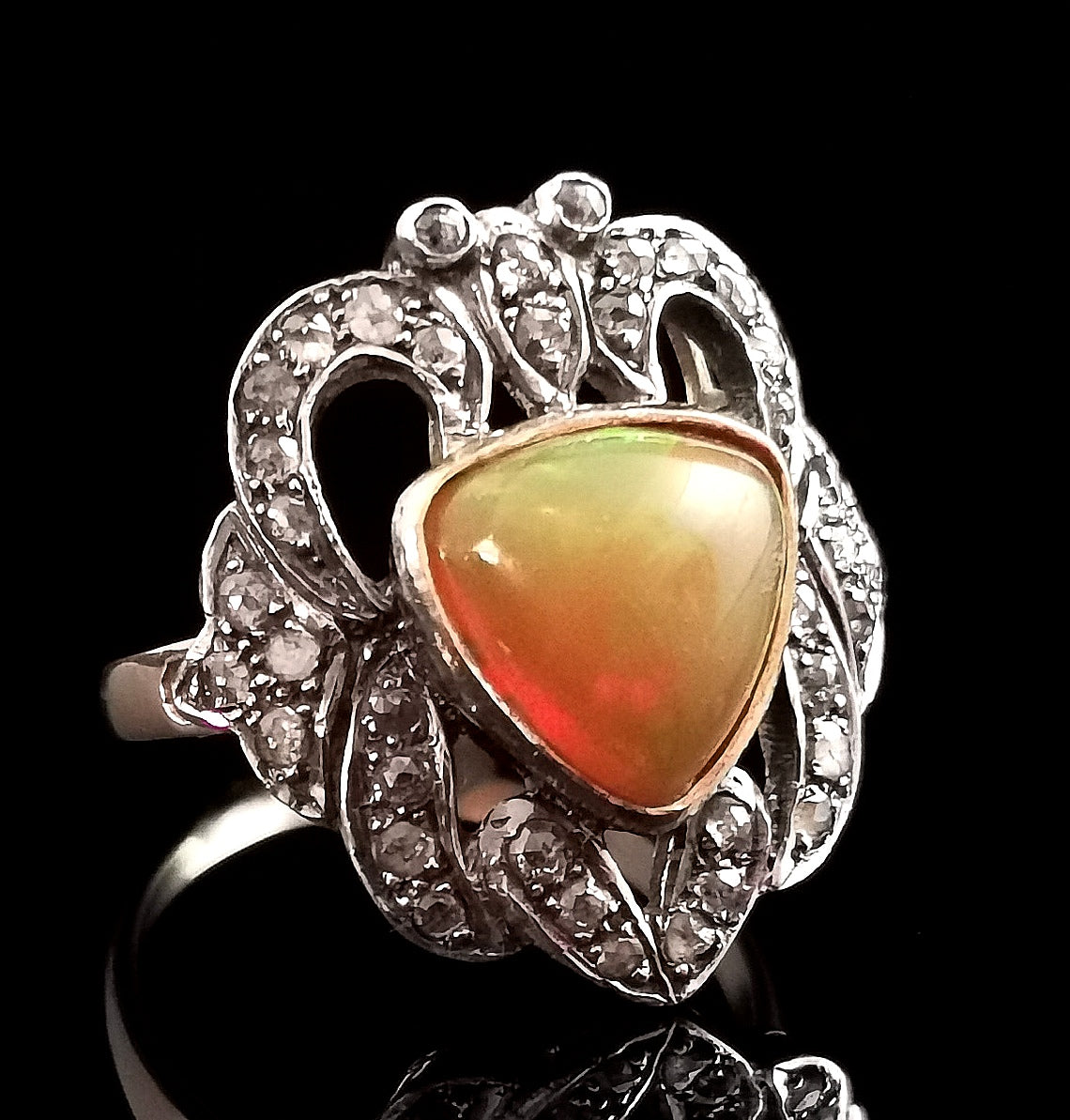Antique Opal and diamond ring, 9ct gold and silver, Art Nouveau