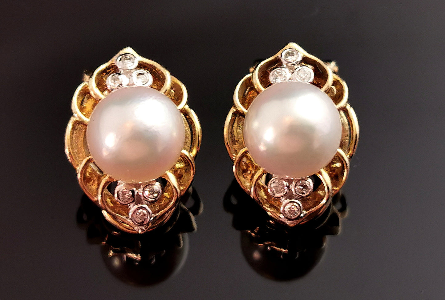 Vintage Cultured pearl and diamond clip earrings, 9k yellow gold