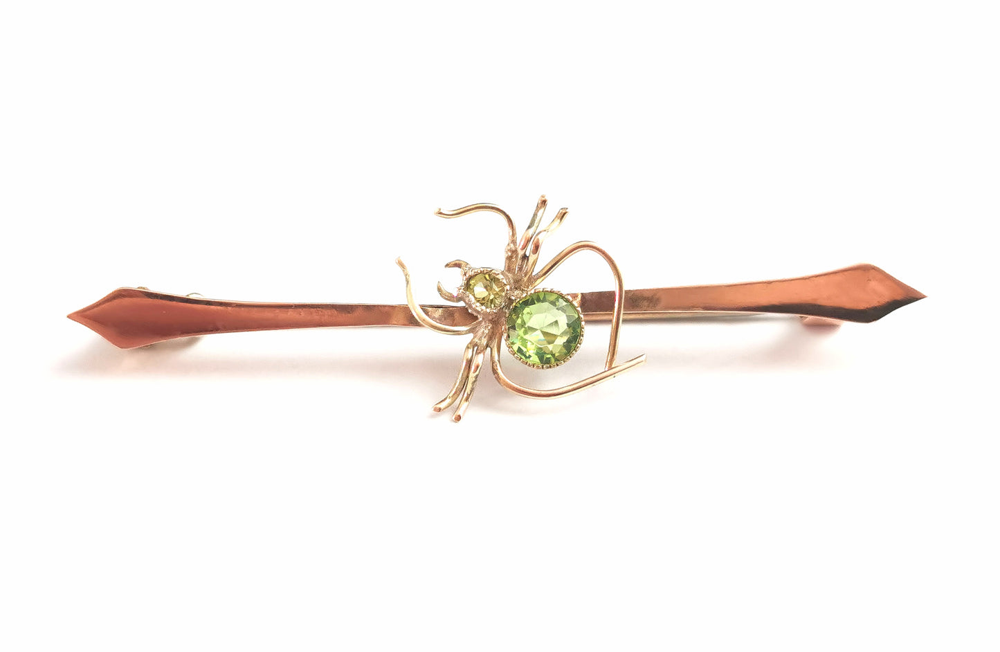 Antique spider brooch, 9ct gold, Peridot and paste