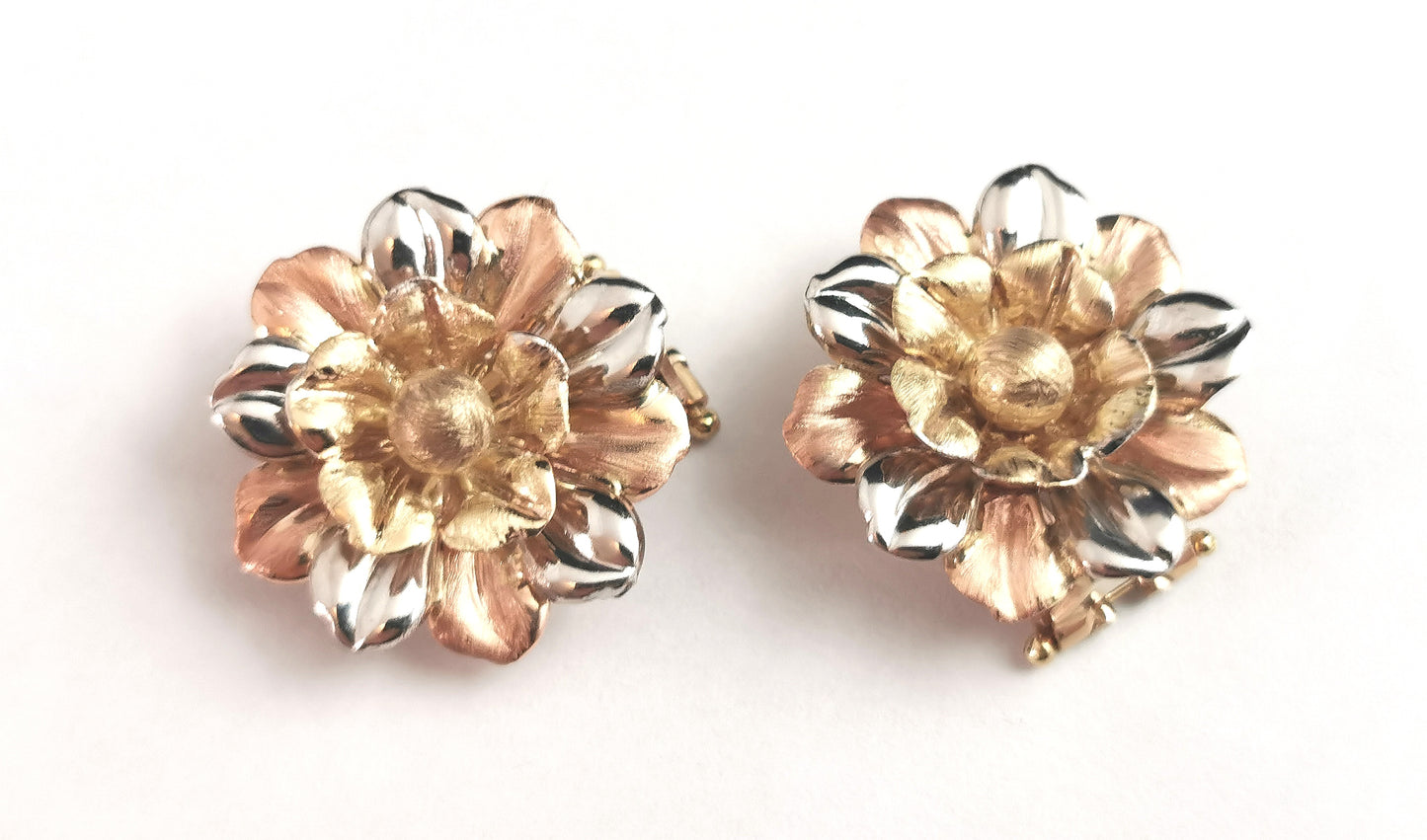 Flower clip on earrings, floral tri colour 9ct gold