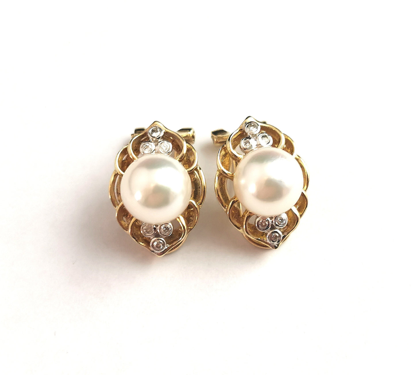 Vintage Cultured pearl and diamond clip earrings, 9k yellow gold
