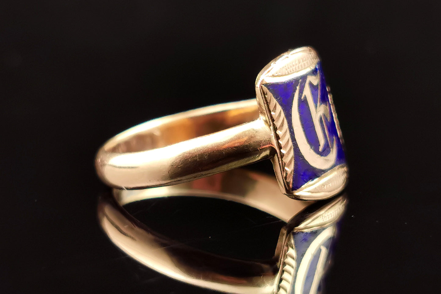 Antique 15ct Rose gold monogram signet ring, Blue enamel