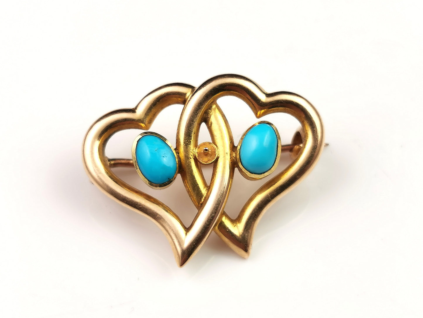 Antique Double Witches heart brooch, 15ct gold, Turquoise