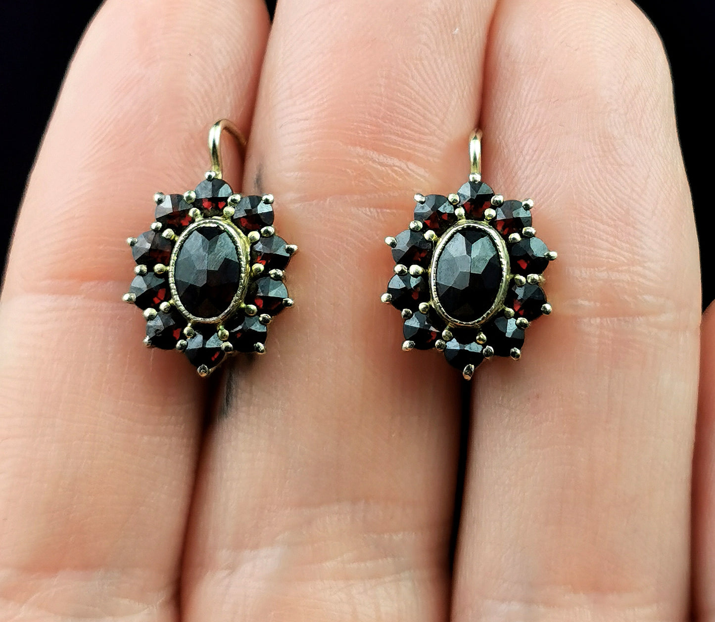 Vintage Bohemian garnet cluster earrings, 900 silver gilt
