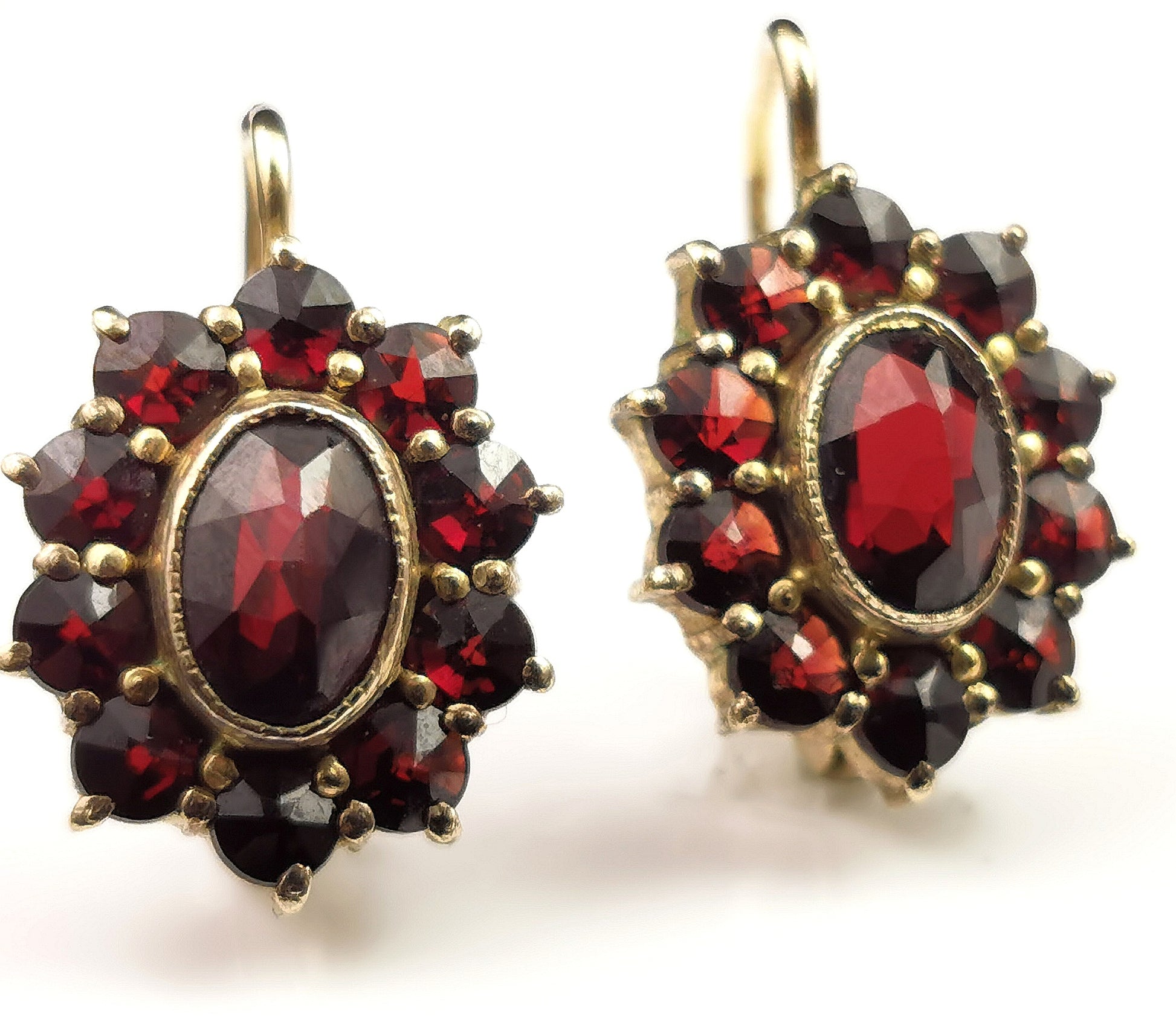 Vintage Bohemian garnet cluster earrings, 900 silver gilt