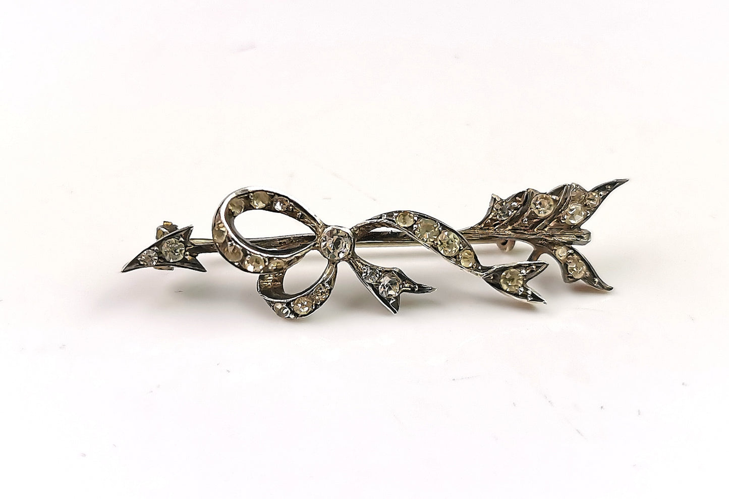Antique paste Arrow and Ribbon bow brooch, sterling silver, Art Deco