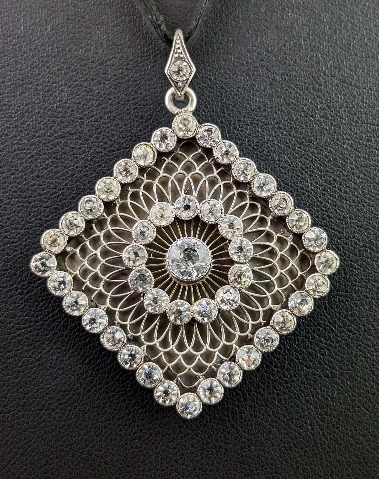 Antique French silver and paste pendant, Diamond shape, Filigree