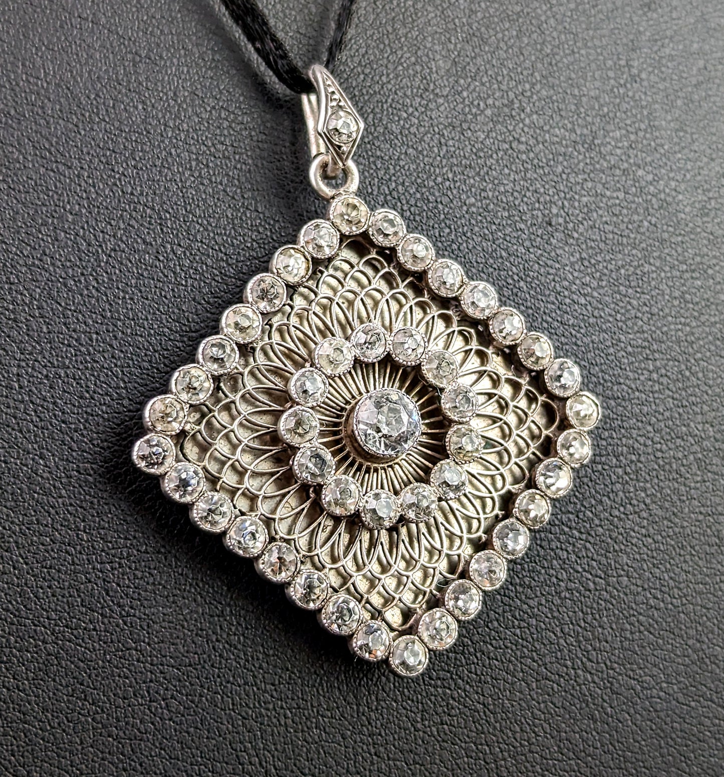 Antique French silver and paste pendant, Diamond shape, Filigree