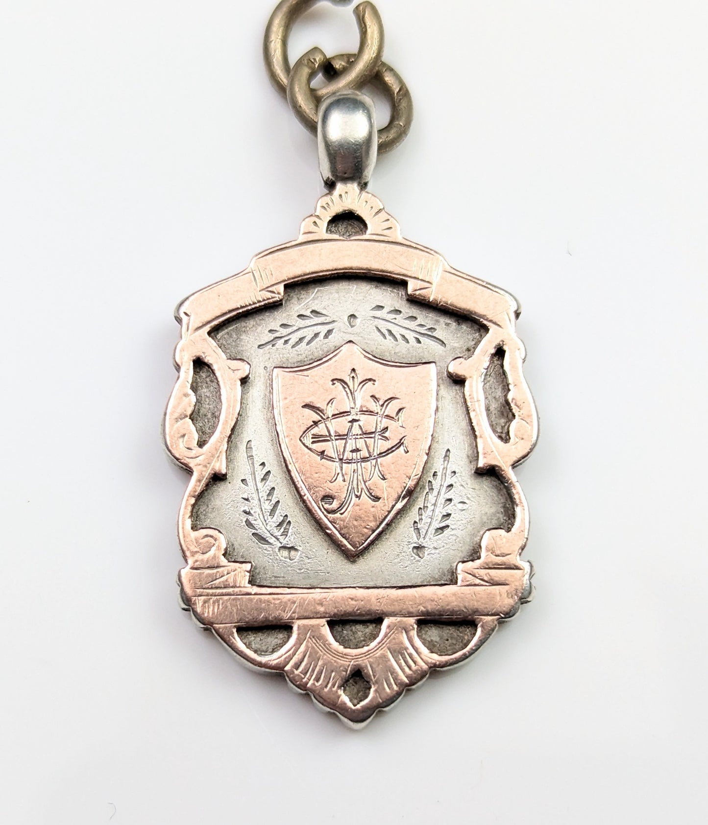 Antique Shield fob pendant, silver and 9ct rose gold