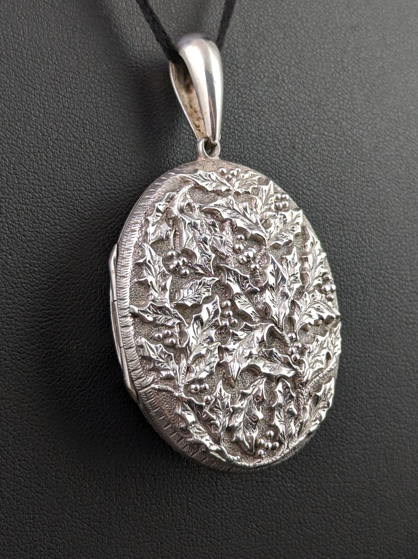 Antique Victorian silver locket pendant, Holly leaf