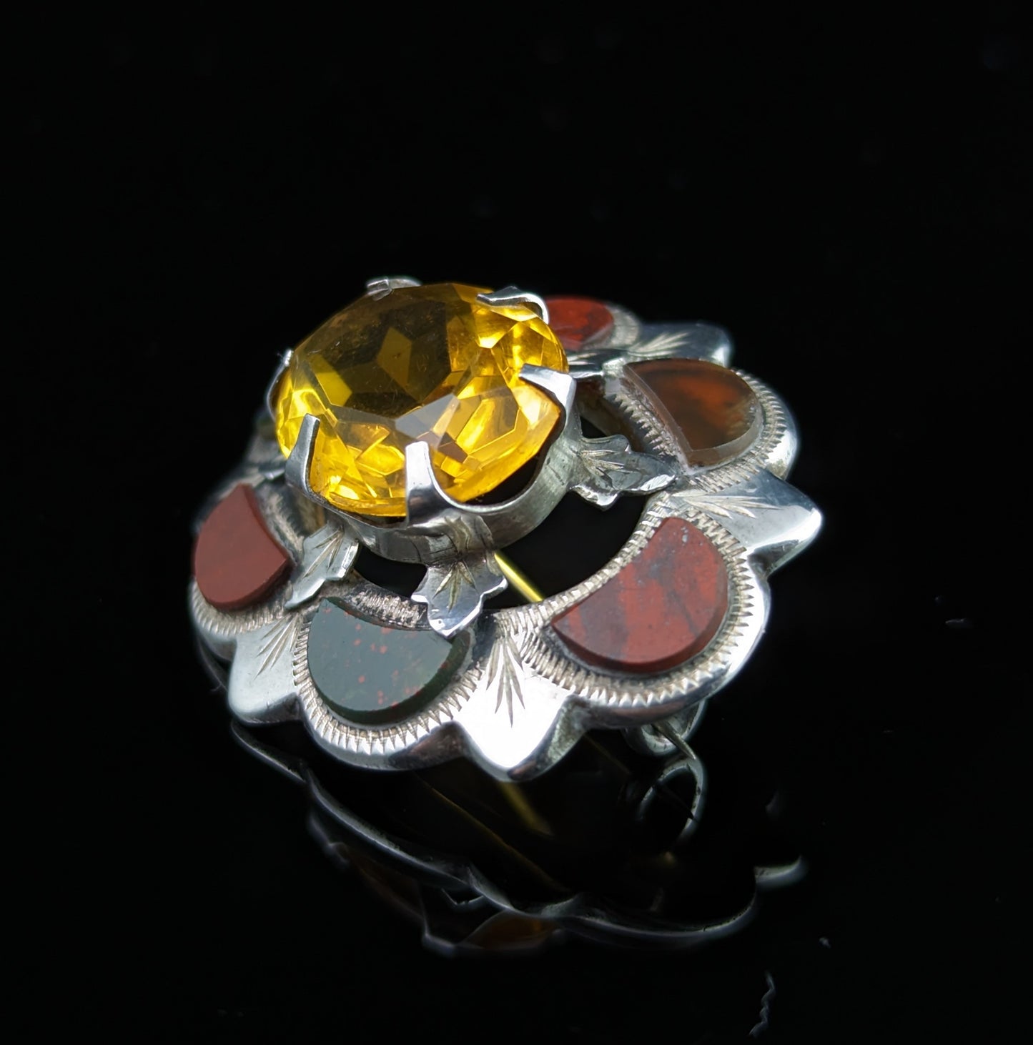 Antique Scottish agate, silver and Cairngorm citrine brooch