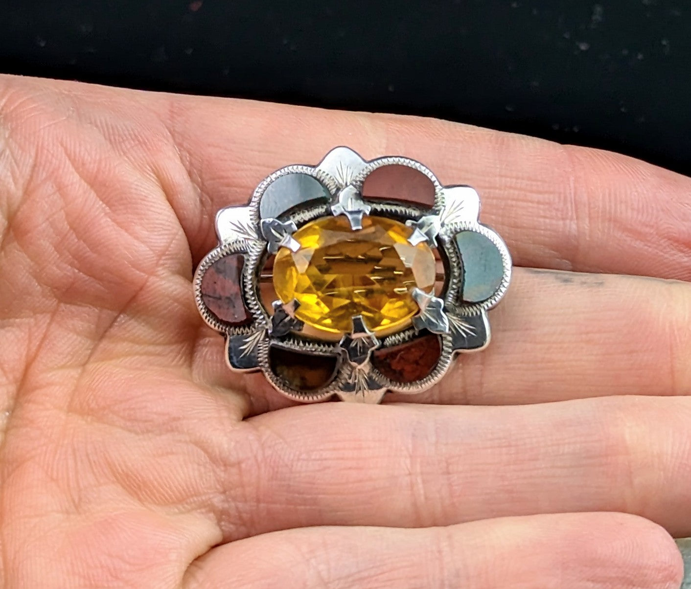 Antique Scottish agate, silver and Cairngorm citrine brooch