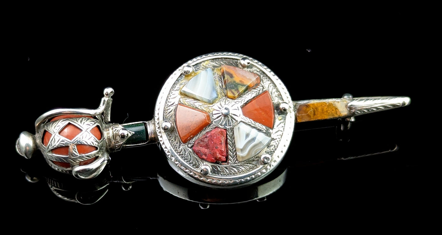 Antique Scottish agate Sword and shield brooch, Silver, Victorian