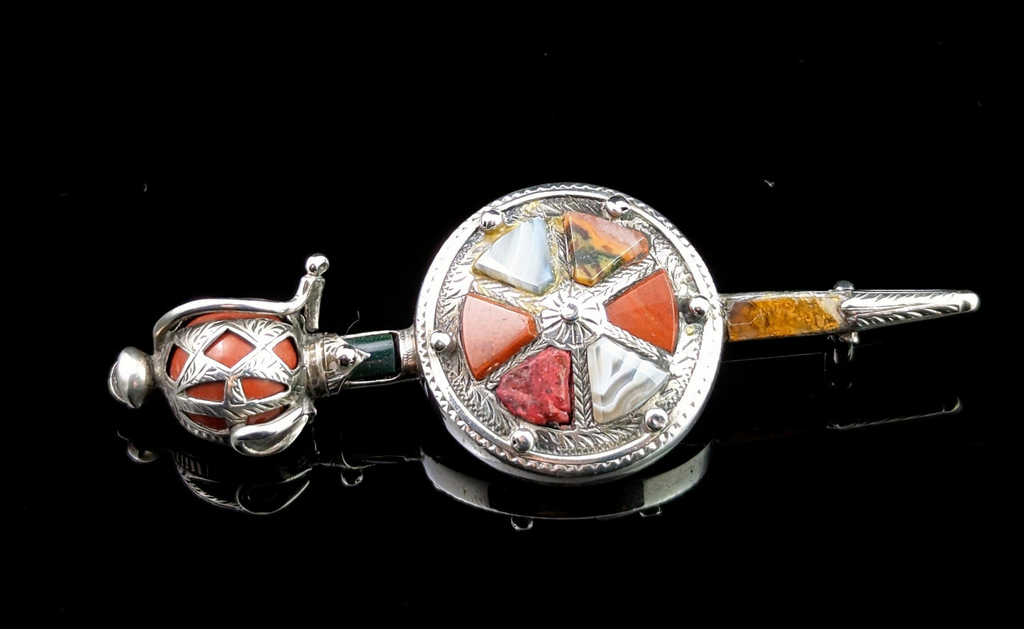 Antique Scottish agate Sword and shield brooch, Silver, Victorian
