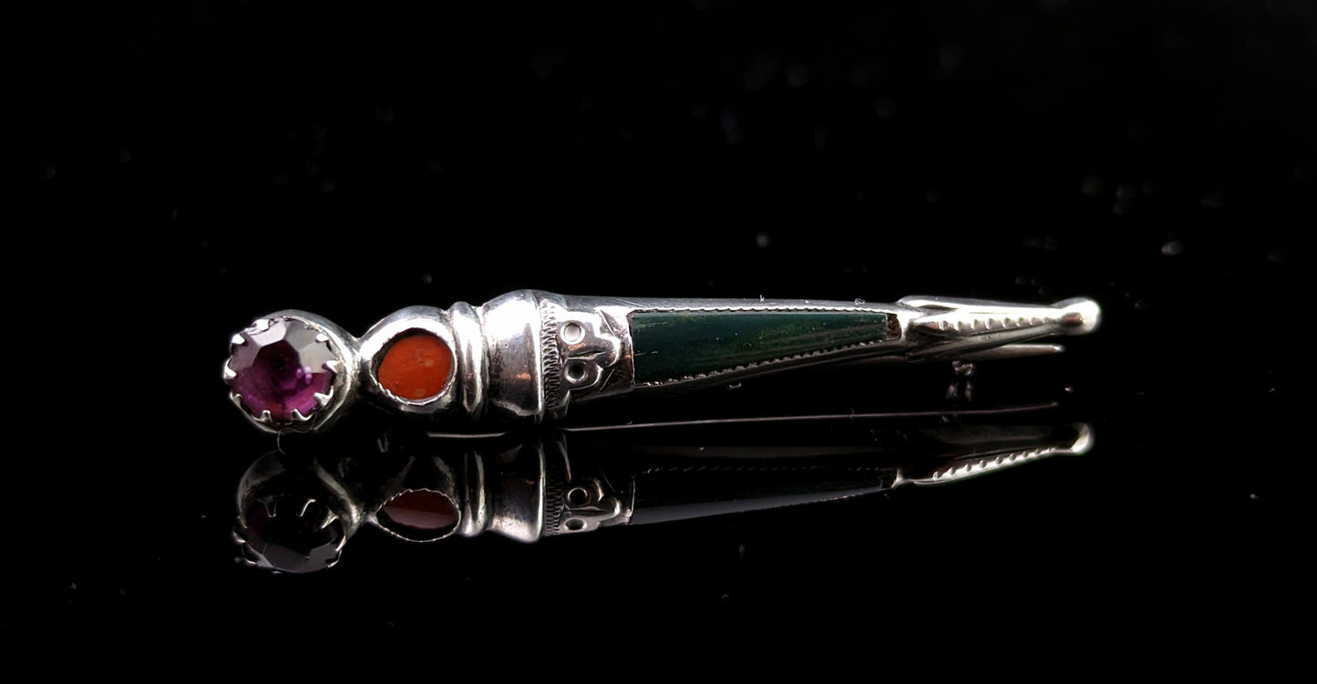 Antique Scottish silver Dirk brooch, Agate and paste