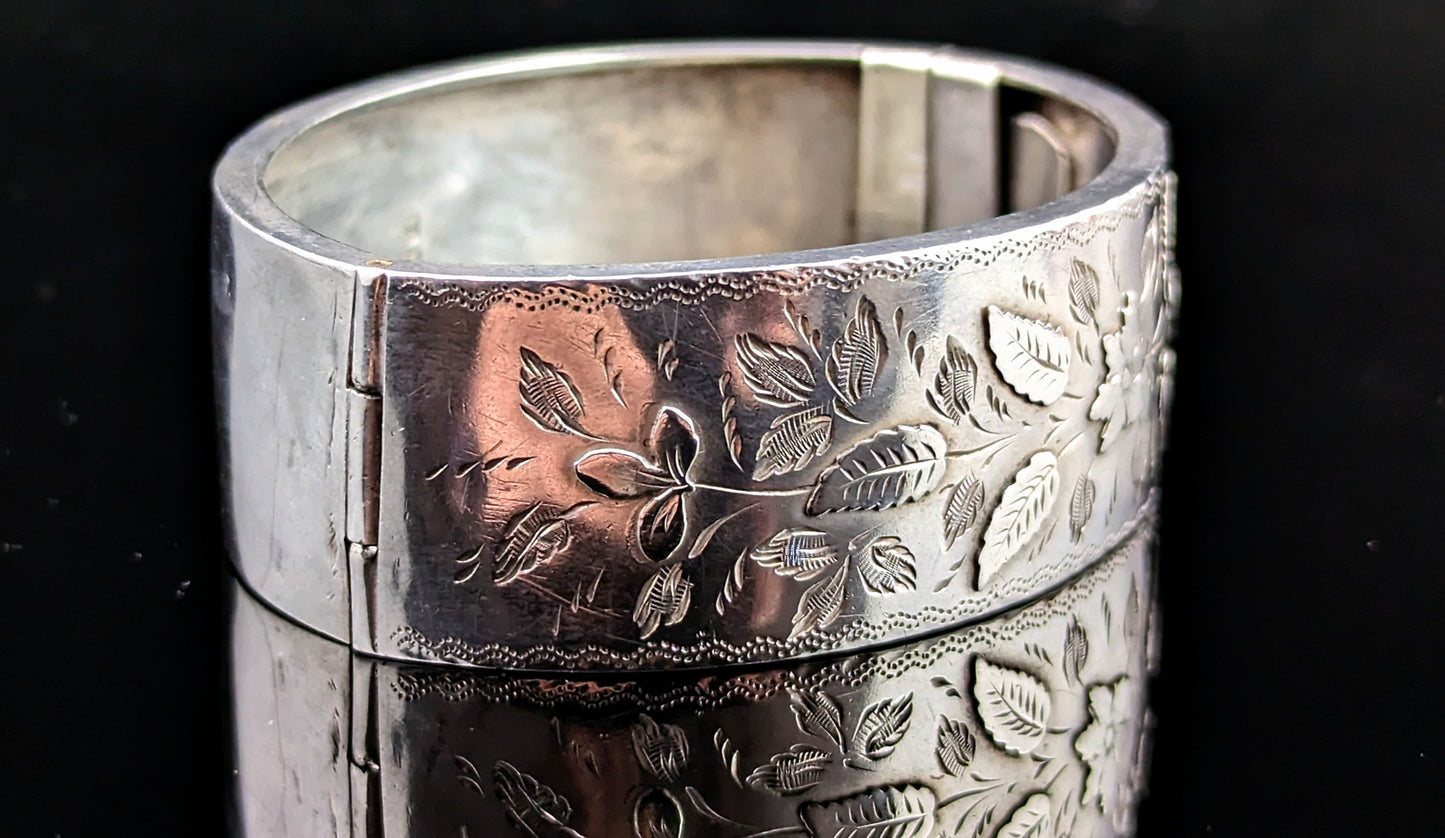 Antique Victorian silver bangle, floral