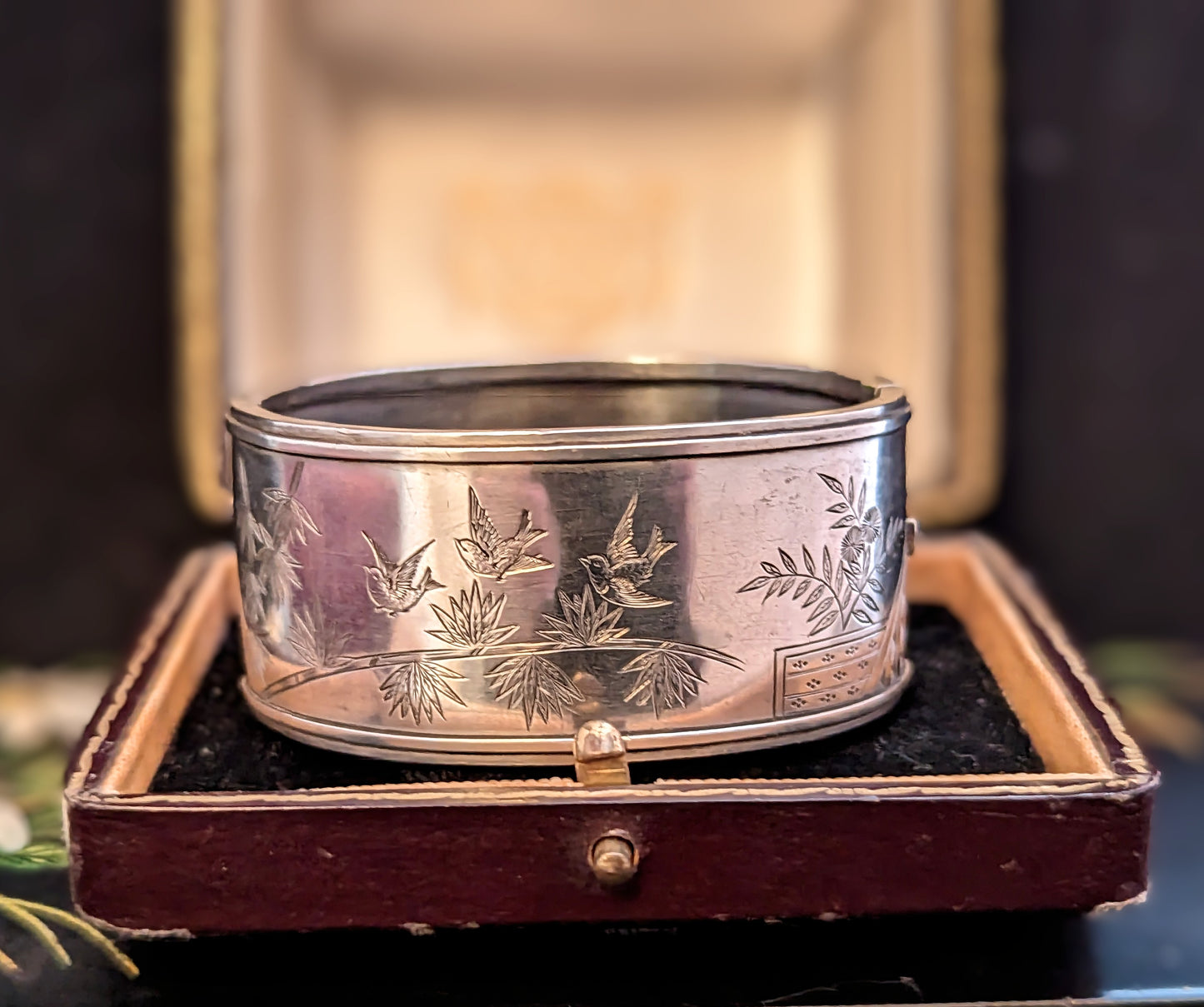 Antique Victorian silver cuff bangle, Aesthetic, Swallows