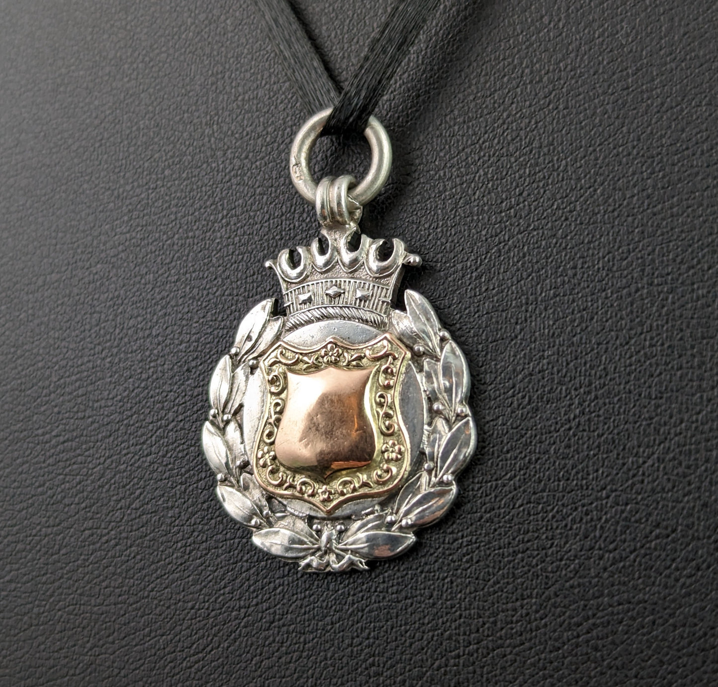 Vintage Silver and Rose gold fob pendant, Art Deco, Wreath and Crown