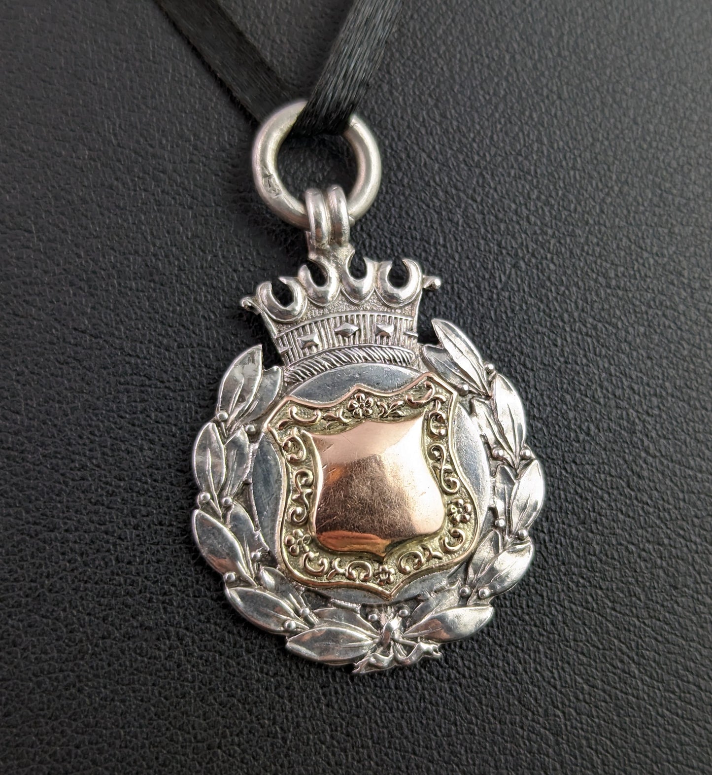 Vintage Silver and Rose gold fob pendant, Art Deco, Wreath and Crown