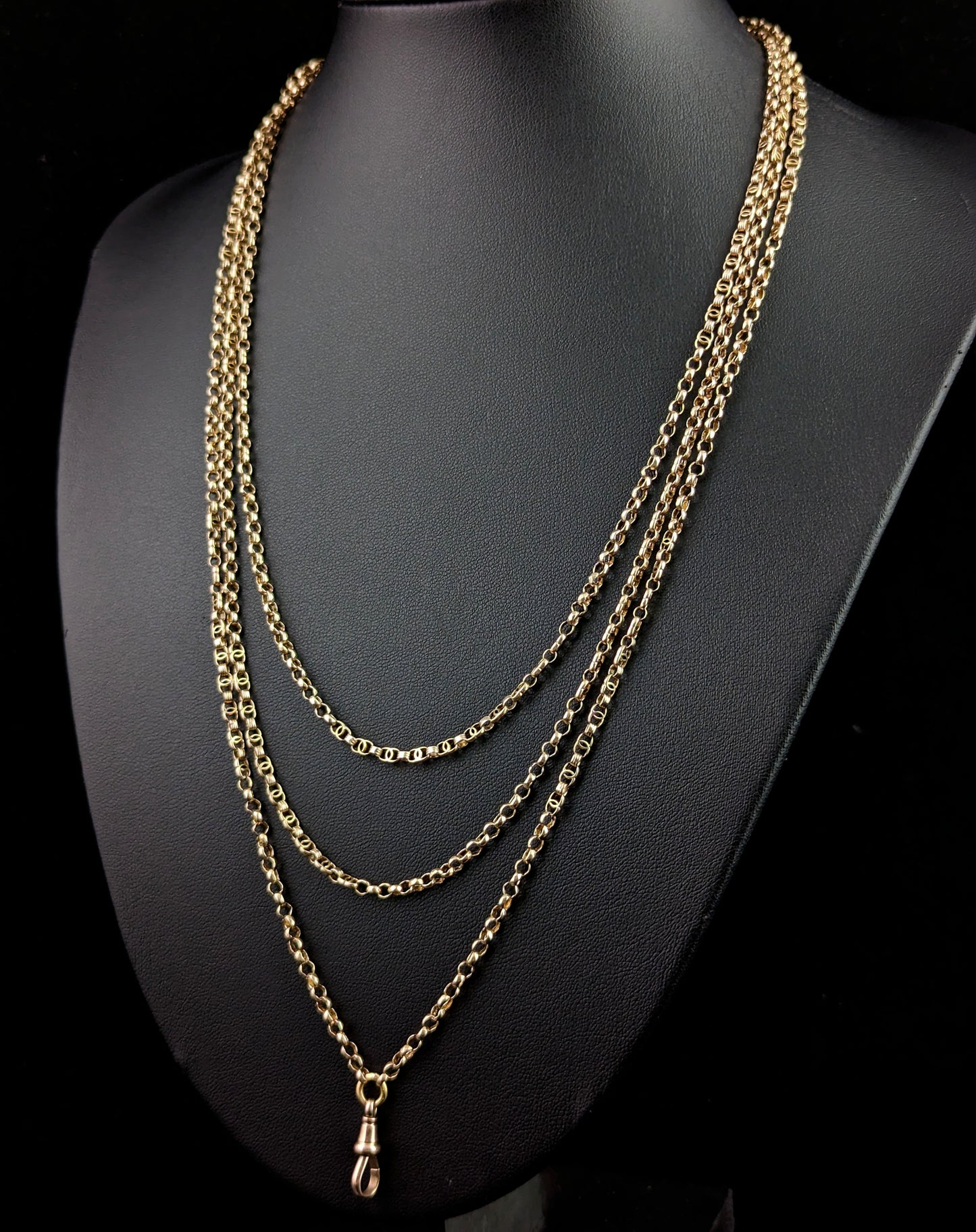 Antique 9ct gold long chain, longuard, muff chain necklace, Victorian