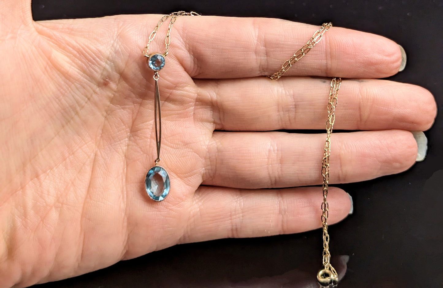 Antique Art Deco drop pendant, 9ct gold necklace, Blue paste
