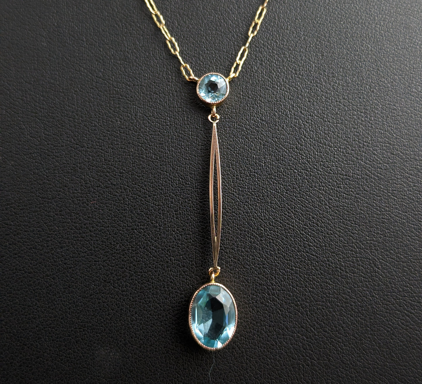 Antique Art Deco drop pendant, 9ct gold necklace, Blue paste