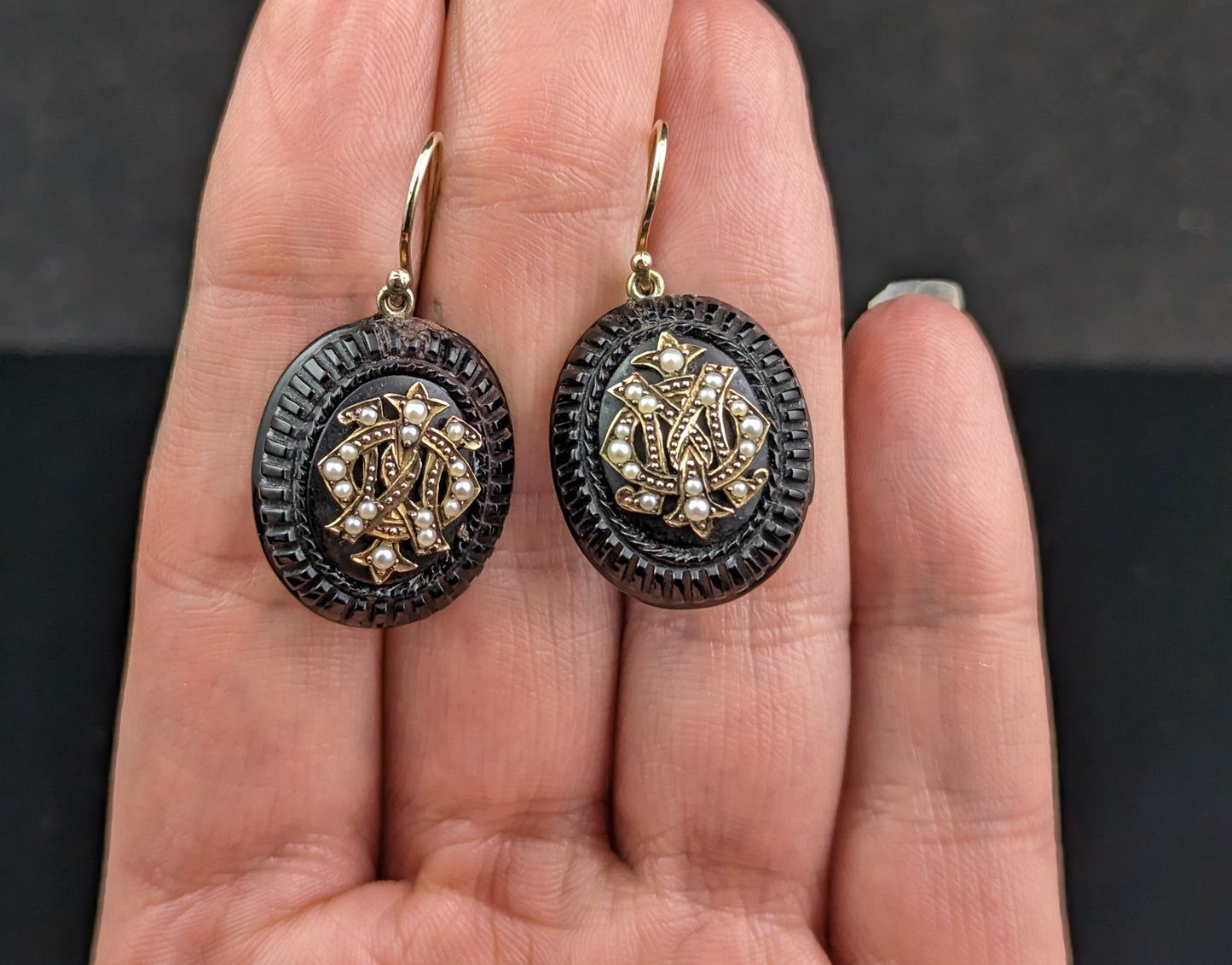 Antique Whitby Jet Mourning earrings, IMO, 9ct gold and Seed pearl