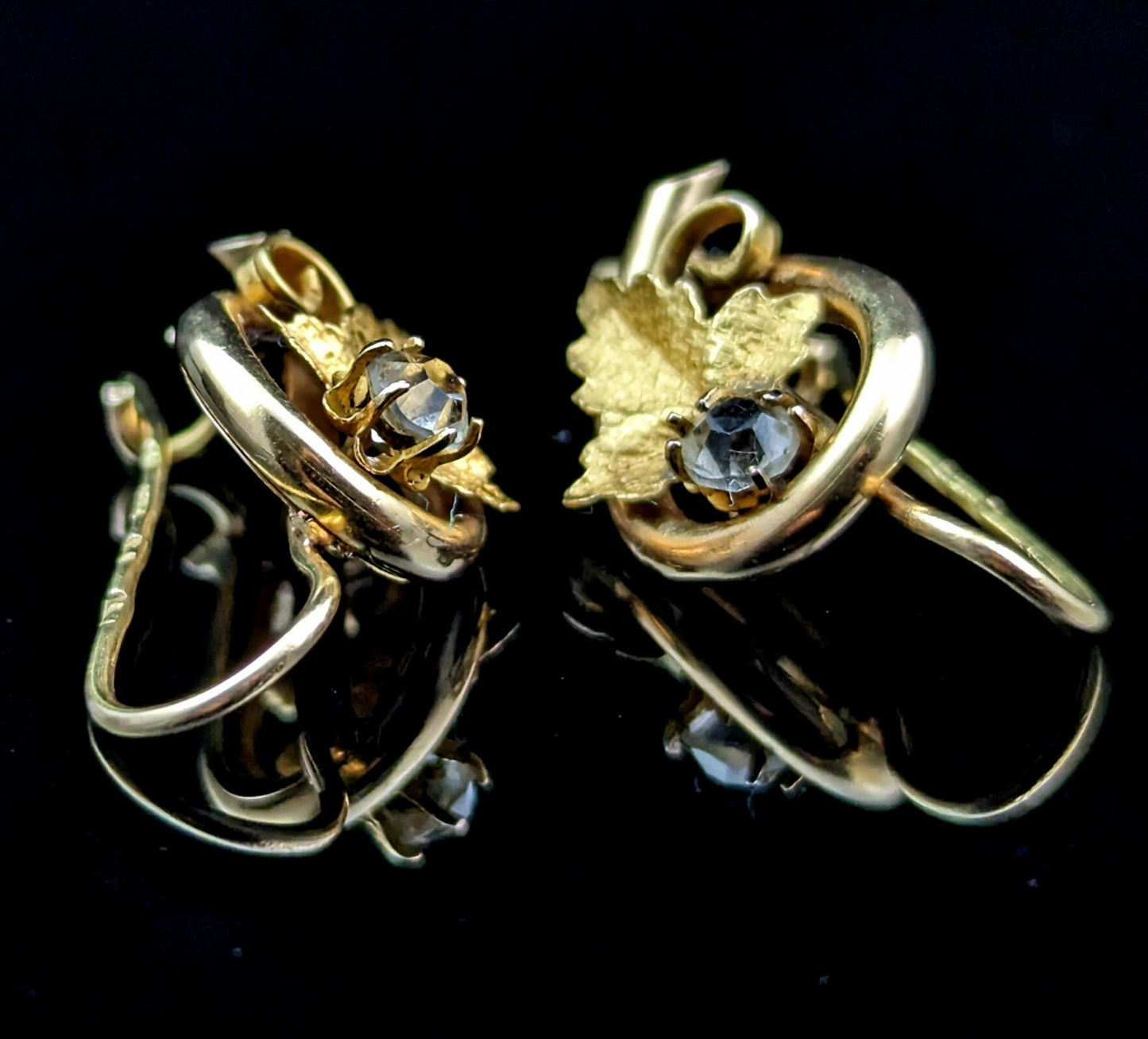 Antique 18ct gold grapevine earrings, paste leaf, Victorian