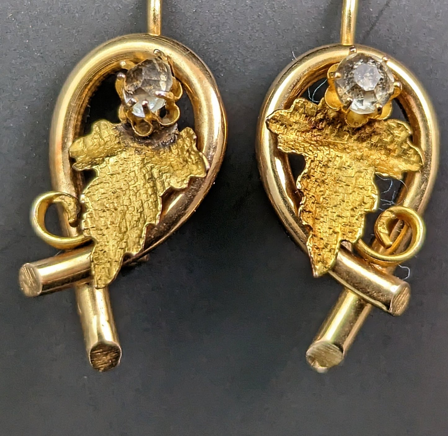 Antique 18ct gold grapevine earrings, paste leaf, Victorian