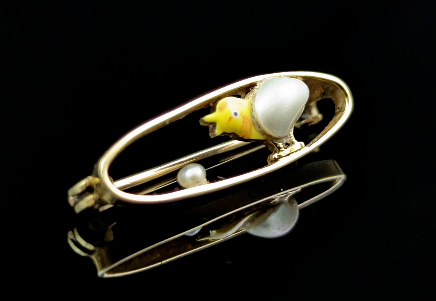 Antique 15ct gold Chick brooch, baroque pearl, enamelled