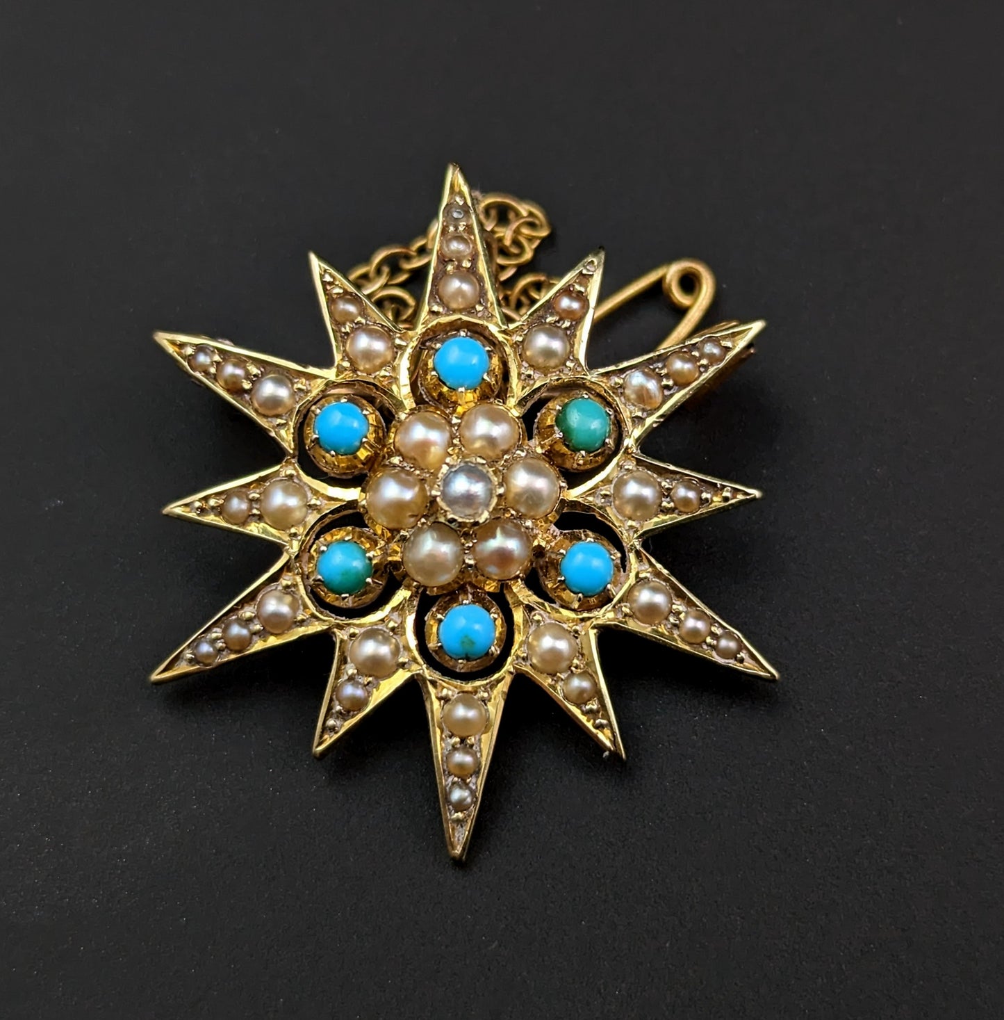 Antique Turquoise and Pearl star pendant brooch, 15ct gold