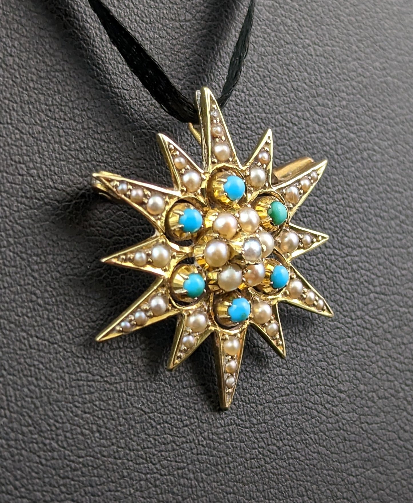 Antique Turquoise and Pearl star pendant brooch, 15ct gold