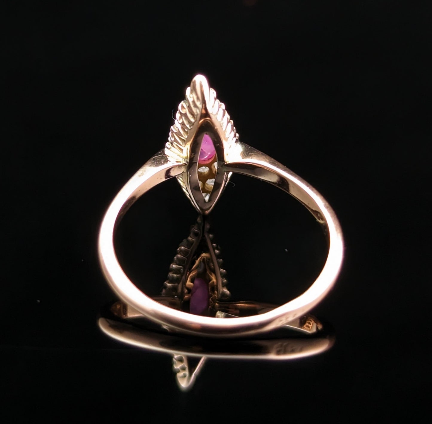 Vintage Ruby cabochon and rose cut Diamond navette ring, 14ct Rose gold