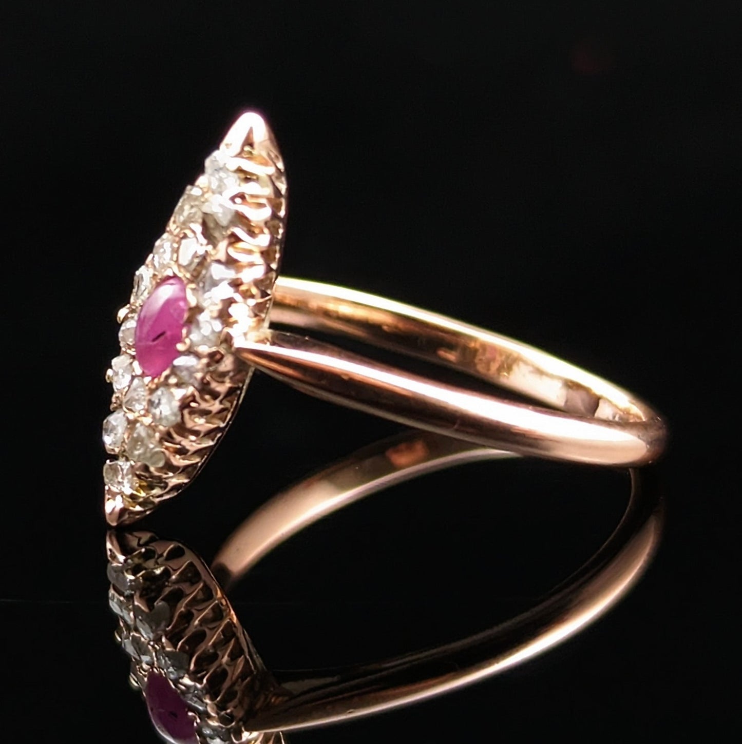 Vintage Ruby cabochon and rose cut Diamond navette ring, 14ct Rose gold