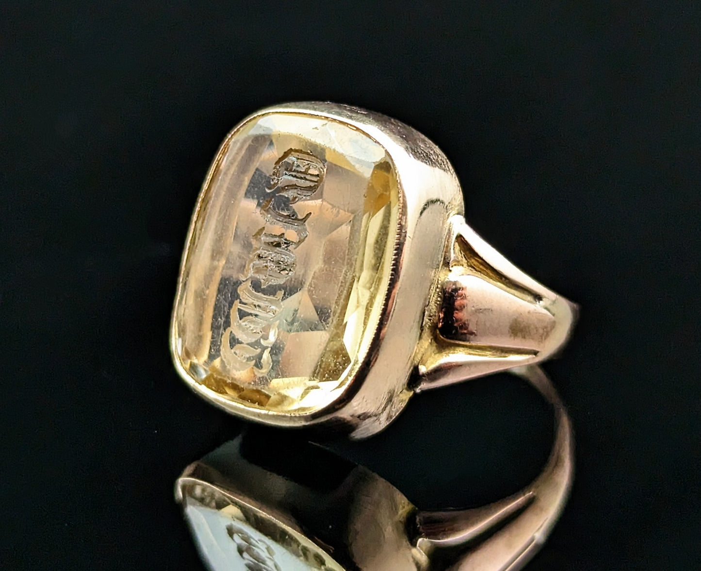 Antique Citrine intaglio seal ring, monogrammed, signet, 9ct gold