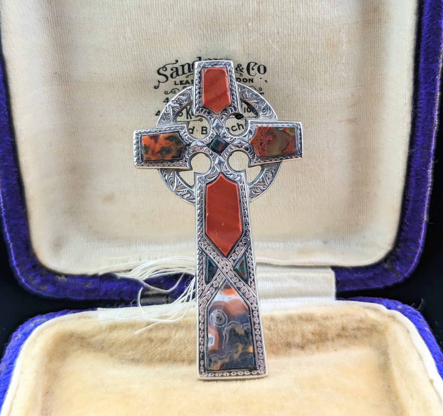 Antique Scottish agate and Silver brooch, Celtic Cross, Victorian