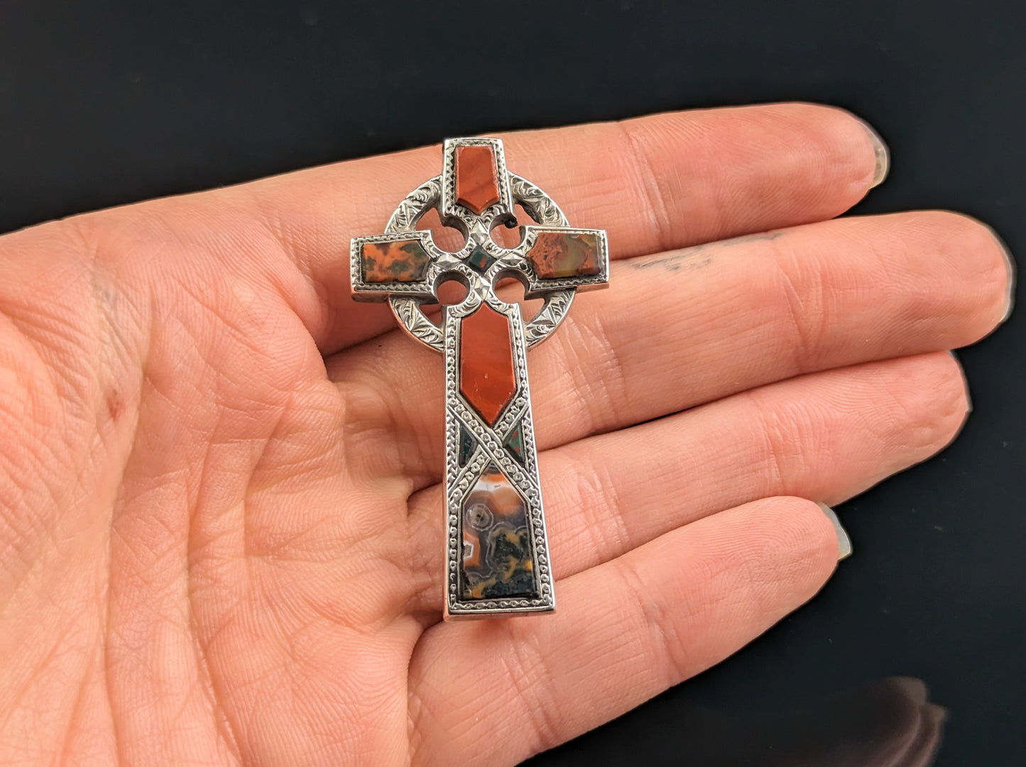 Antique Scottish agate and Silver brooch, Celtic Cross, Victorian