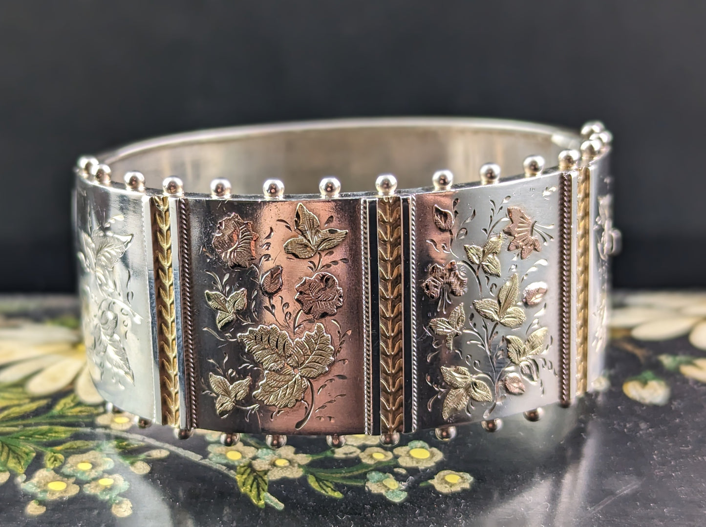 Antique Victorian silver cuff bangle, Chunky, Aesthetic era, Floral, 9ct bi colour gold