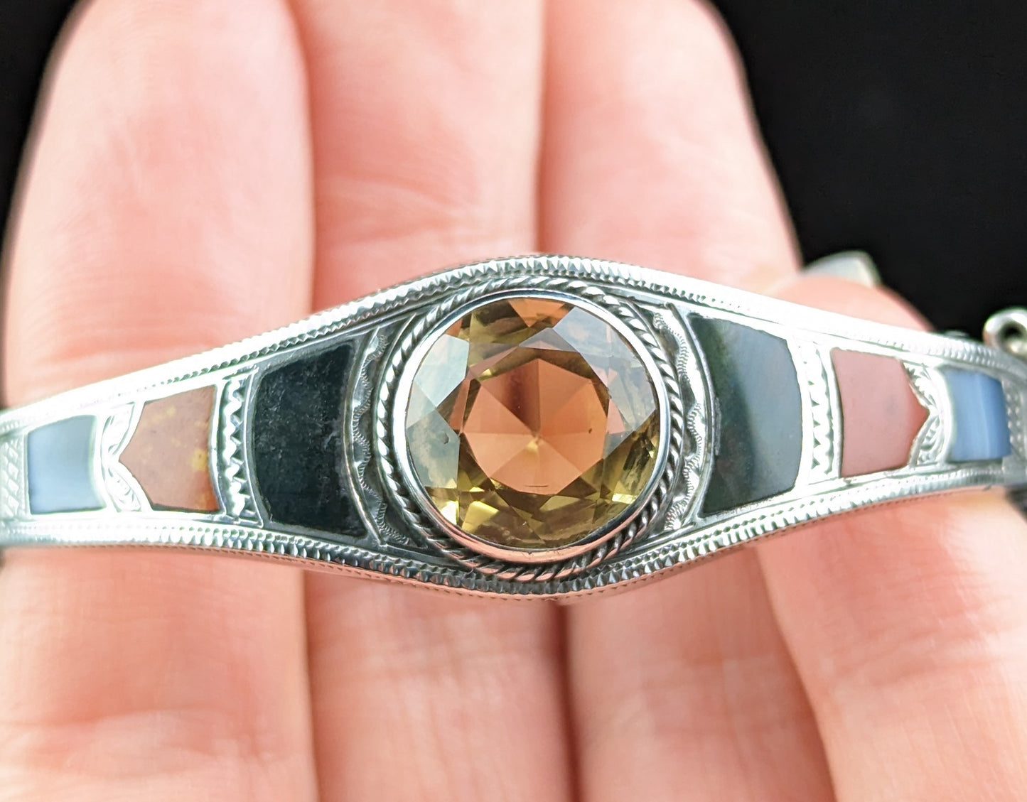 Antique Scottish Agate and citrine bangle, Sterling silver