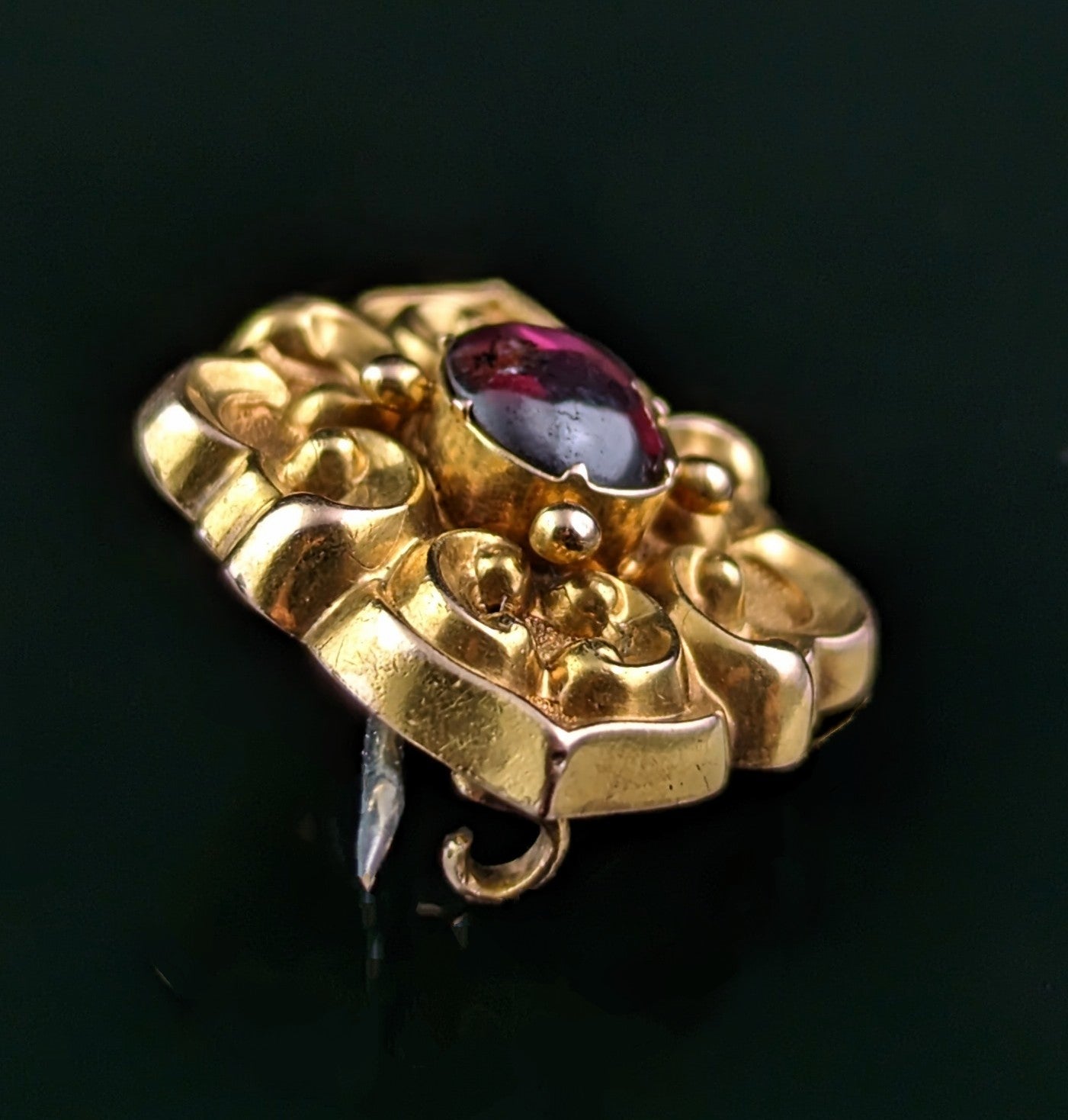 Antique Garnet cabochon Mourning brooch, 15ct gold