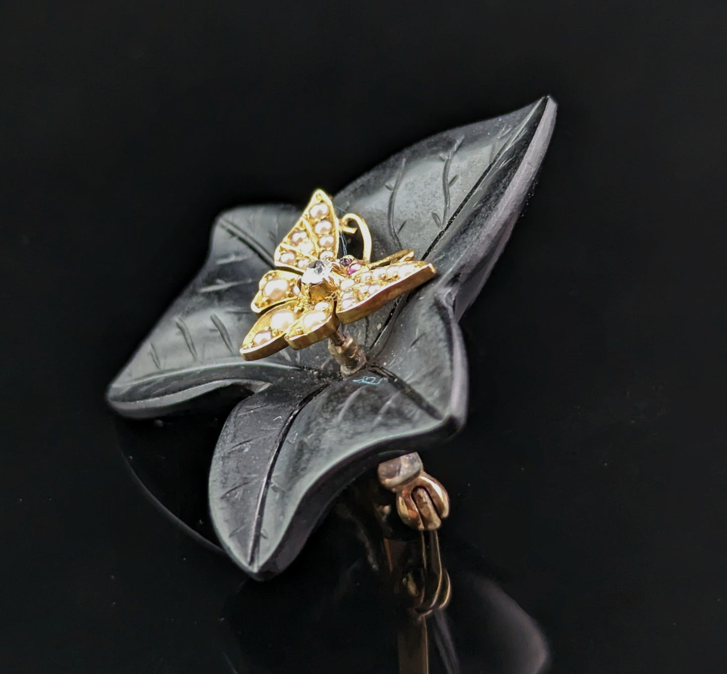 Antique Moth and Ivy leaf mourning brooch, Whitby jet, Diamond, pearl and Ruby, 15ct gold