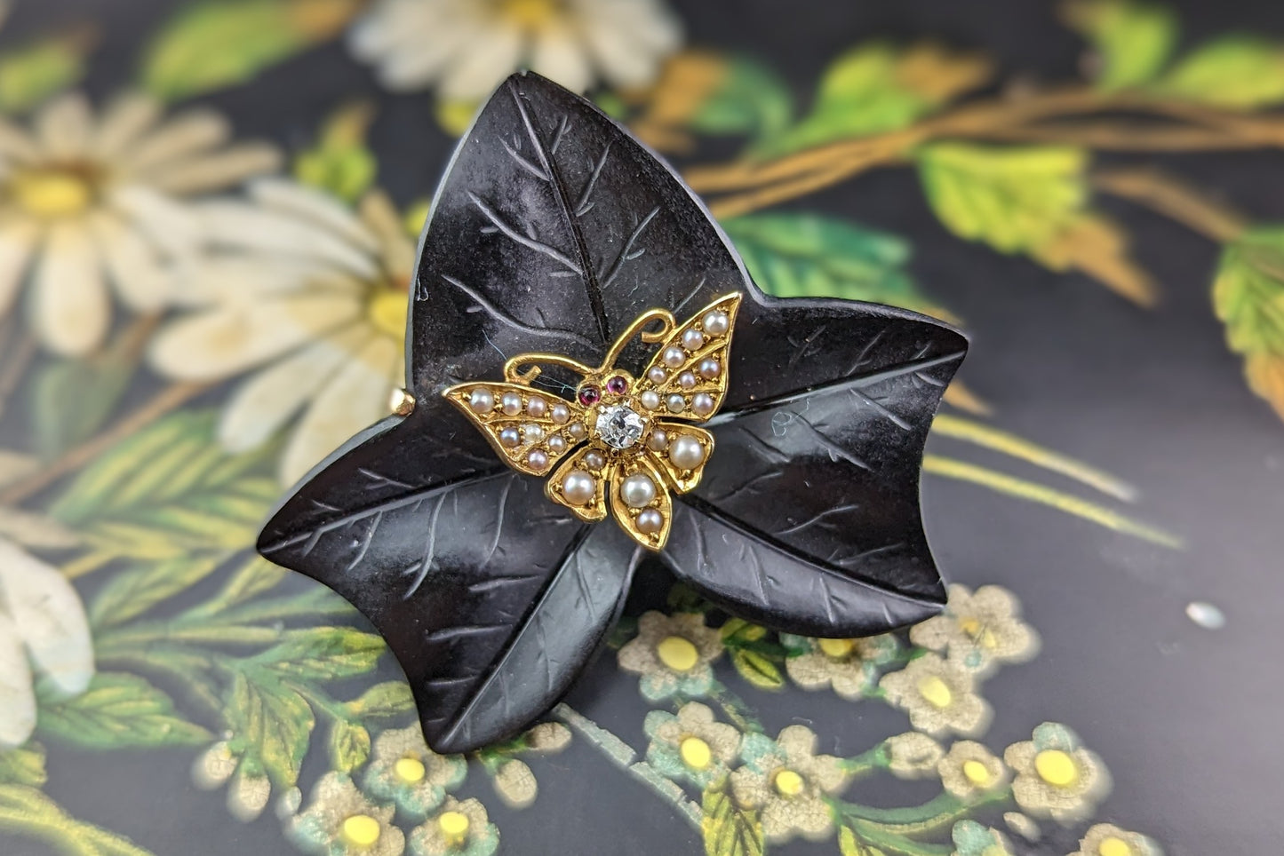 Antique Moth and Ivy leaf mourning brooch, Whitby jet, Diamond, pearl and Ruby, 15ct gold