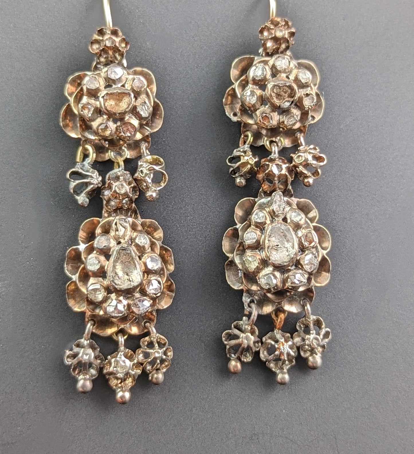 Antique Georgian diamond drop earrings, silver and 9ct gold