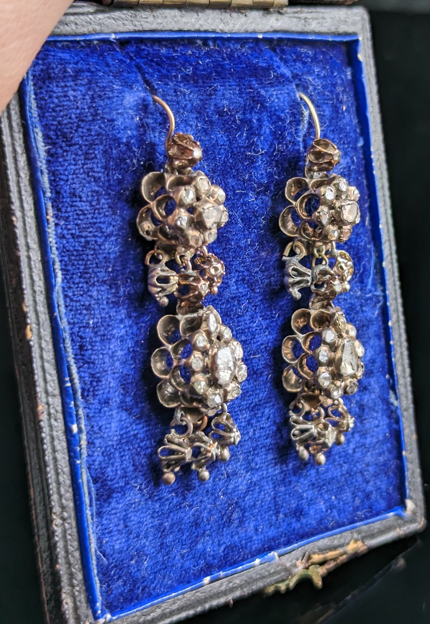Antique Georgian diamond drop earrings, silver and 9ct gold