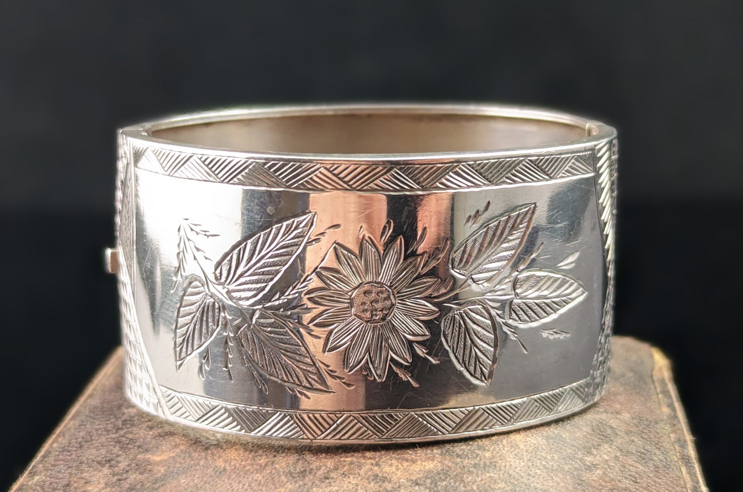 Antique Victorian Chunky silver cuff bangle, Sunflower