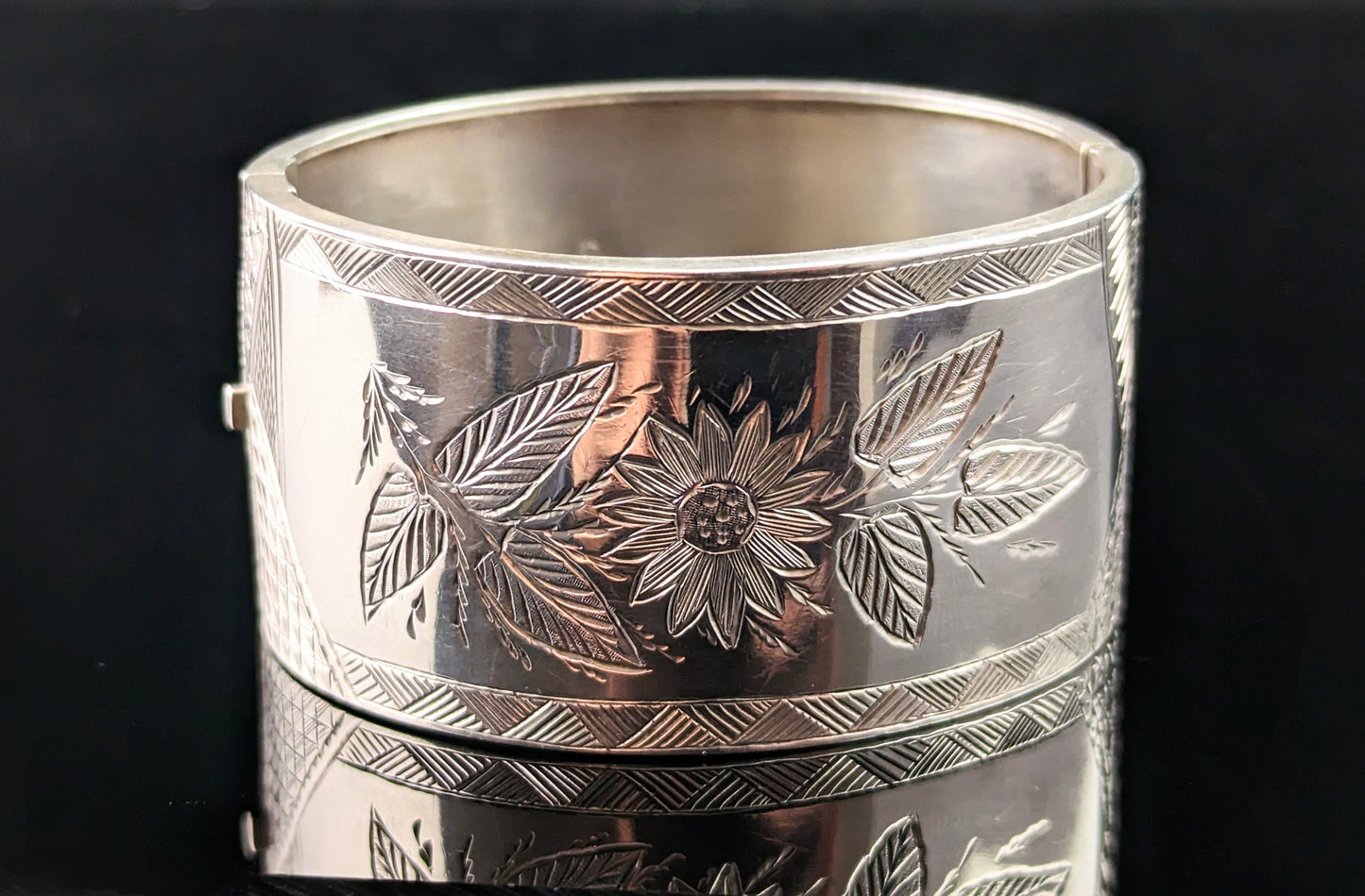 Antique Victorian Chunky silver cuff bangle, Sunflower