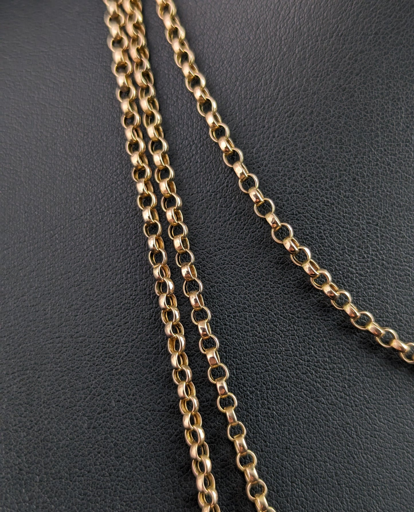 Antique 9ct gold longuard chain necklace, muff chain, Victorian, Belcher link